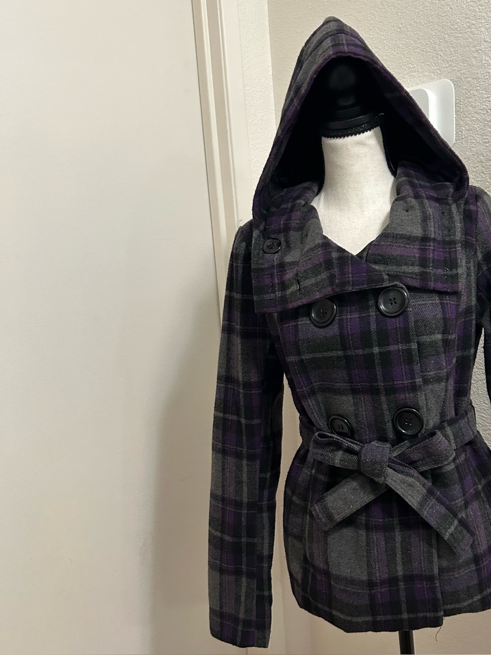 Y2K Dark Academia Goth Purple Plaid Hooded Pea Coat Wool Jacket Small Grunge - Picture 7 of 9